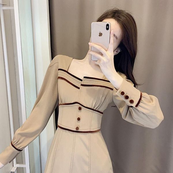 

casual dresses 2021 summer women's shirt female high waist vintage fashionable long sleeve ladies polyester elegant vestidos h06, Black;gray