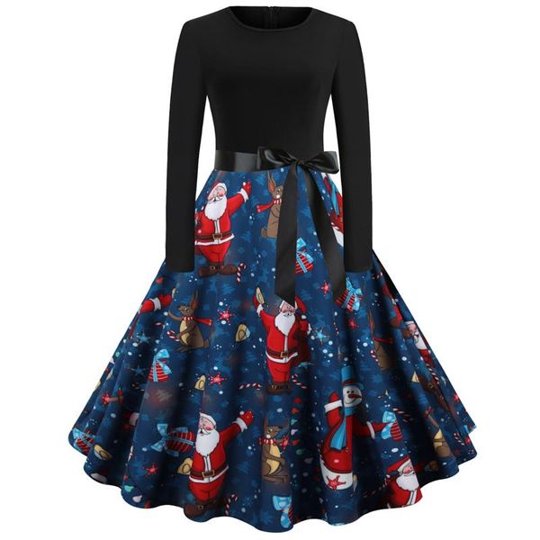 

casual dresses women christmas santa print vintage dress long sleeve o-neck big swing ribbon decoration back zipper party knee-length, Black;gray