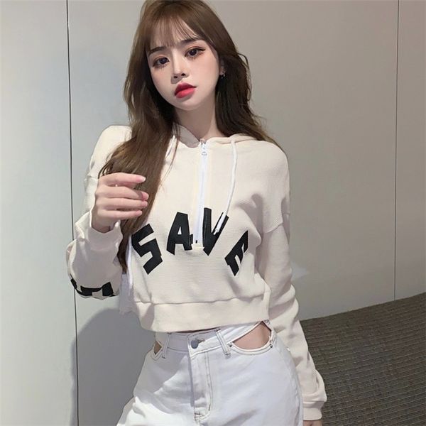 

2021 new short hooded sweatshirt women loose long-sleeved letter print jacket streetwear xbta, Black