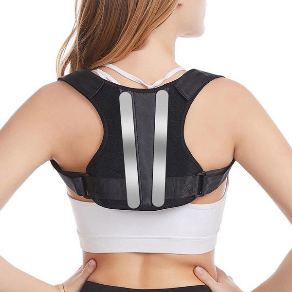 

brace support belt adjustable back posture corrector clavicle spine back shoulder lumbar posture correction pain relief, Black;blue
