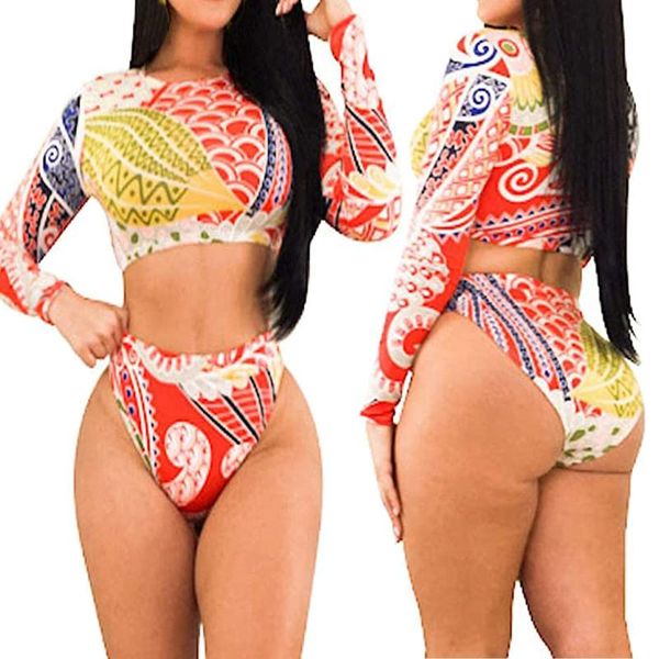 

women's swimwear print two piece swimsuit long sleeve women bathing suit boho two-piece bikini set surfing swim suits, White;black