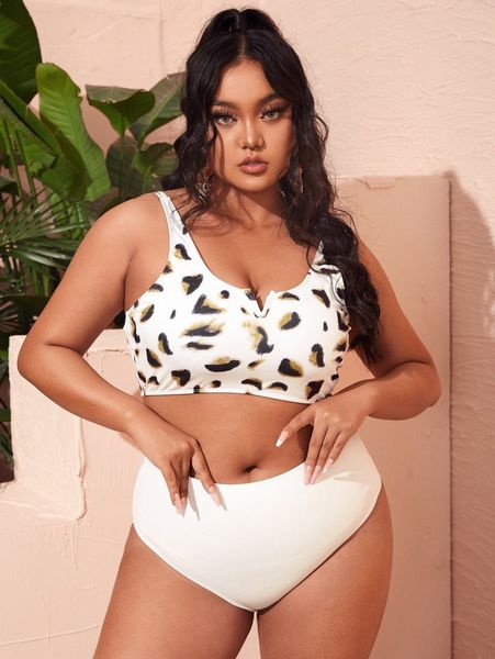 

plus leopard rib v wired bikini swimsuit u5ws#, Black