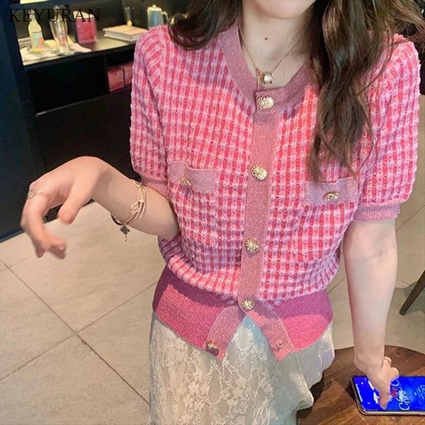 

plaid thin summer cardigan women sweaters fashion o neck elegant short sleeve clothes knitting jacket outwear ropa, White;black