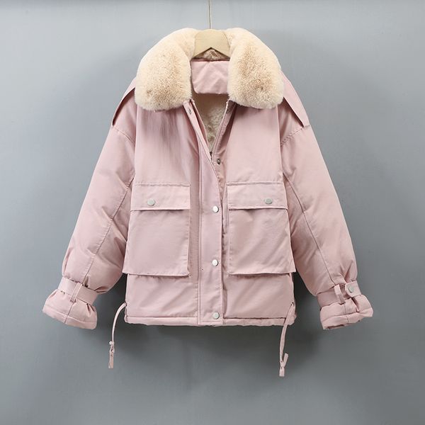 

2021 new fur stand collar women's winter jackets solid short casual female coats thick wool liner ladies parkas with pockets for outwea, Black