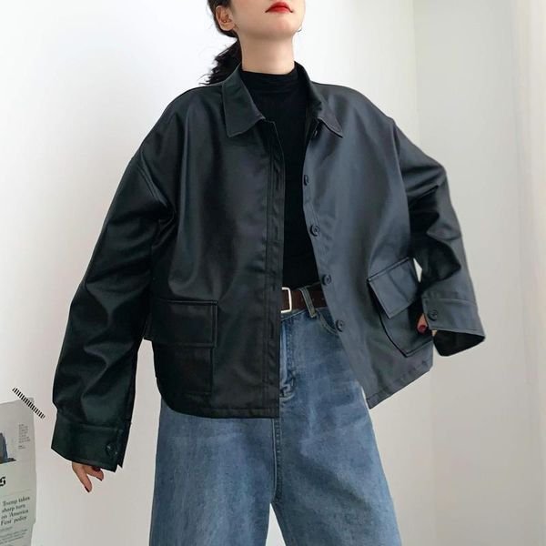 

women's leather & faux streetwear jacket women black long casual biker 2021 thin loose designer punk style moto pu coat korean