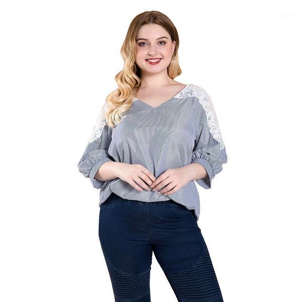 

women blouses striped autumn office lady plus size five-point sleeve loose womens slimming shirt blouse women's & shirts, White