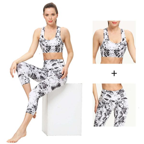 

2021new print women's capri yoga pants two piece fitness bra sports suit, Gray
