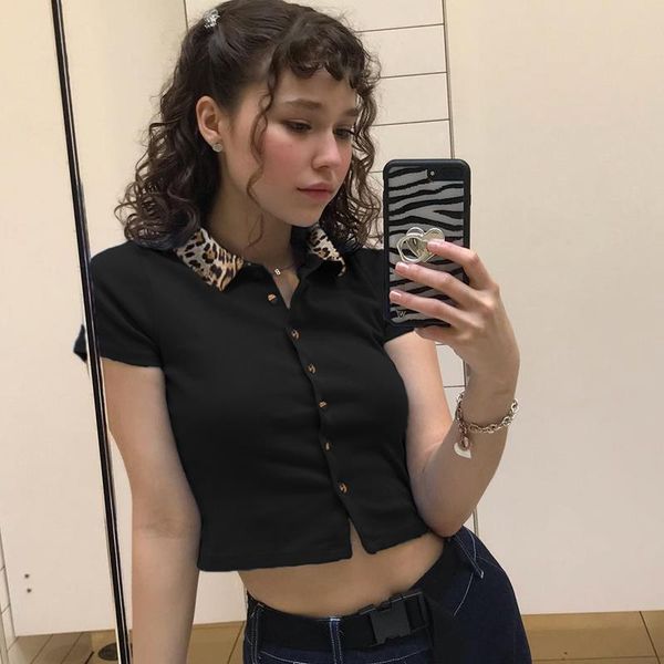 

black vintage t shirt women patchwork leopard turn-down collar summer clothes for women single-breasted knitted t-shirt, White
