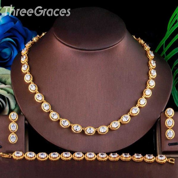 ThreeGraces Wunderschönes nigerianisches Gold Farbe 3 Stück weiße große runde CZ Frauen Hochzeit Halskette Ohrring Armband Schmuck-Set TZ561 H1022