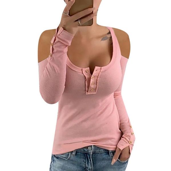 

women's t-shirt women cold shoulder long sleeve ladies slim o-neck jl, White