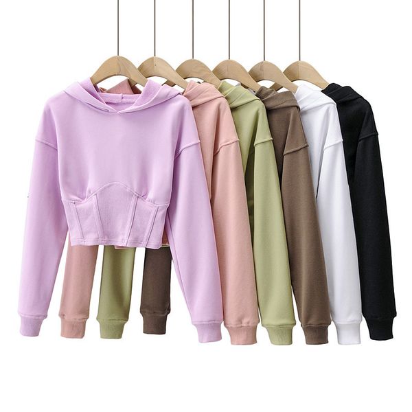 

women's slim autumn and navel revealing solid color hoodie short, Black