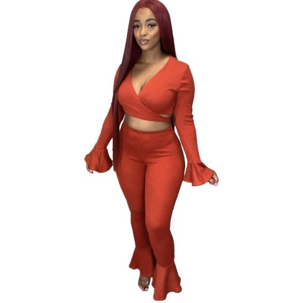 

casual solid autumn two female ensemble streetwear v neck lace up to enlargement harvest and waist pants high matching set wnv9, Gray