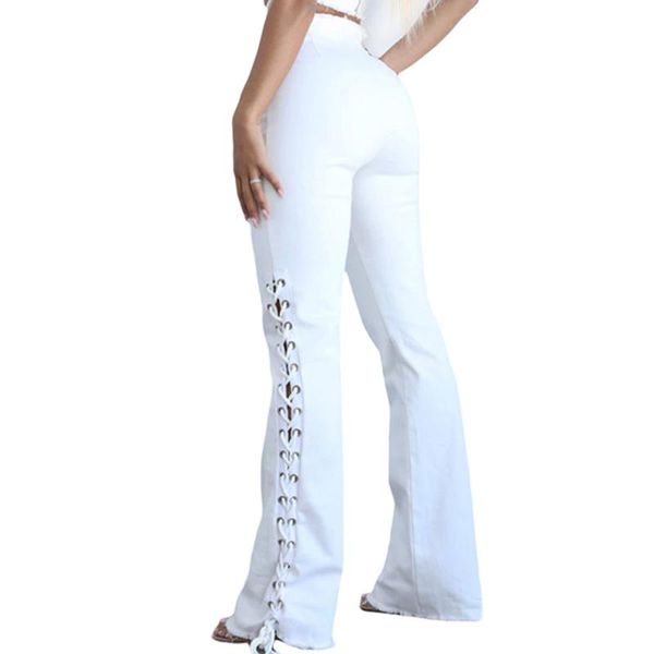 

women's jeans summer high waist hip side bandage white denim stretch women slim fit baggy pants femme slit 2021 #21, Blue