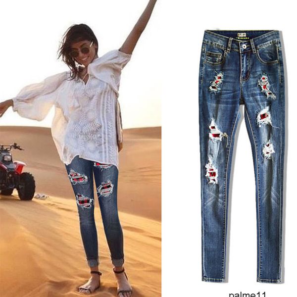 

cotton soft women's stretch denim ripped holes buffalo plaid patches skinny jeans distressed buffalo plaid denim pants i72r, Blue