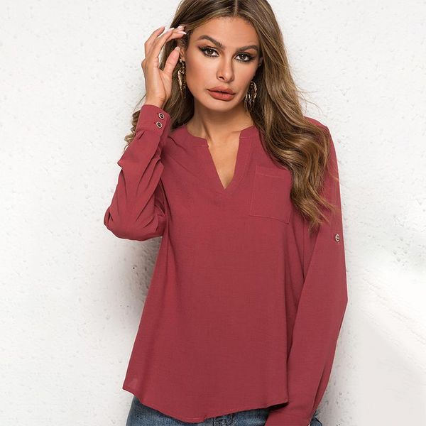 

women's blouses & shirts 2021 women summer casual long sleeve v-neck blouse, White