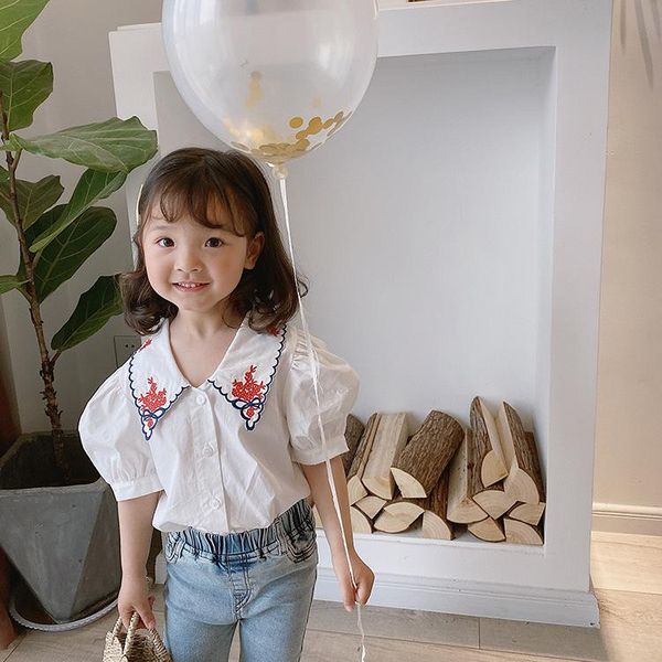

shirts children short-sleeved shirt toddler girls baby temperament puffed sleeves embroidery vintage blouses 2021 summer fashion, White;black