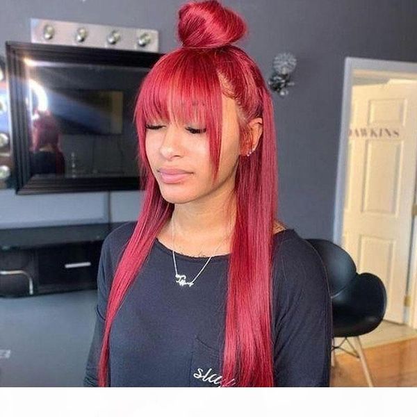 

red human hair wig with bangs bleached knots glueless straight virgin peruvian colored ombre red full lace front human hair wigs, Black;brown