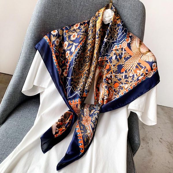 

scarves silk style lady sunscreen beach shawl women multicolor square scarf fashion print headscarf, Blue;gray