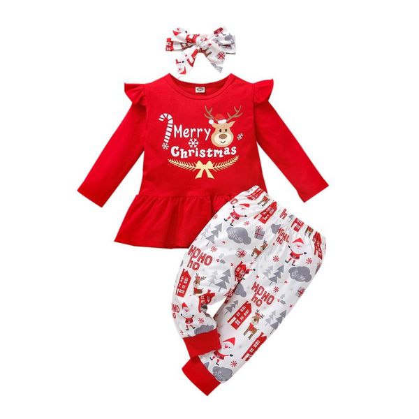 

clothing sets children clothes girl toddler baby girls christmas xmas cartoon deer letter printed ruffles +pants outfits roupas infantis, White