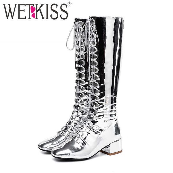 

wetkiss winter thick med heels chunky women boot square toe cross tied footwear patent leather female boot knee shoes woman 210630, Black