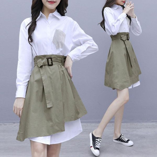 

2021 white shirts long sleeve dress set turn down collar blouse irregular skirt women fashion outfits office 2 piece set, Gray