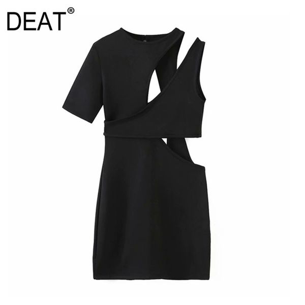 

[deat] summer fashion round neck high waist hollow out short sleeve solid color style dress women 13c942 210527, Black;gray