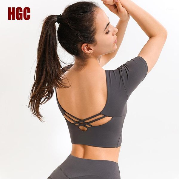 

yoga outfit sports open back short sleeve shirts gym t-shirt push-up cross slim stretch fitness active athletic blouse hgc