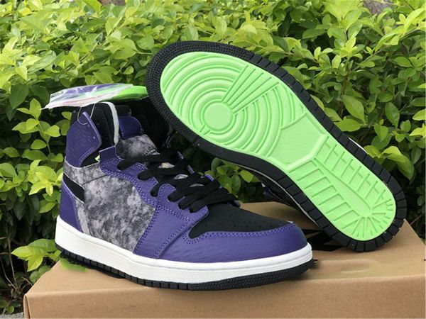 

genuine jumpman 1 men's women's basketball shoes purple black grey color matching sports shoelaces shoebox full size shipping 36