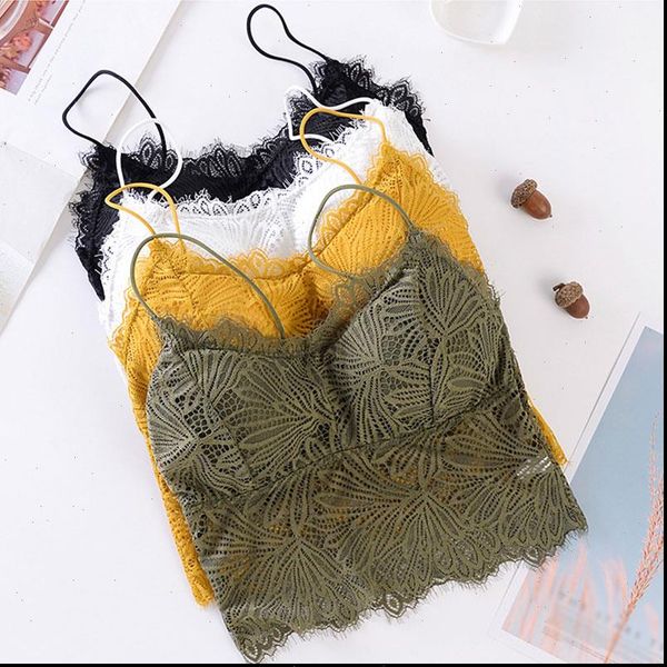 

women lace bralette with padded wireless bra ladies deep v neck camisole wrapped chest solid color tank top, White