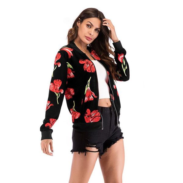

women's jackets ladies ribbed trim flower print bomber jacket women nice fashion autumn long sleeve casual zipper outwear coat, Black;brown
