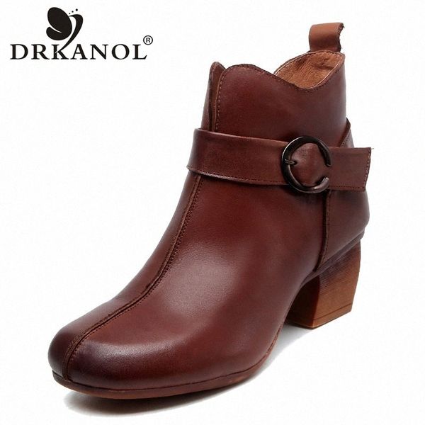 

drkanol handmade genuine leather women ankle boots vintage high heels boots winter side zipper thick heel shoes woman p48m#, Black