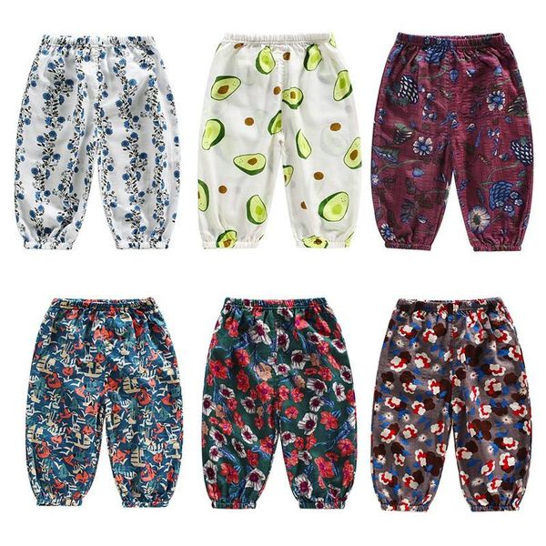 

summer 2021 new children's cotton and linen print breathable pants air conditioning pants for boys and girls, Blue