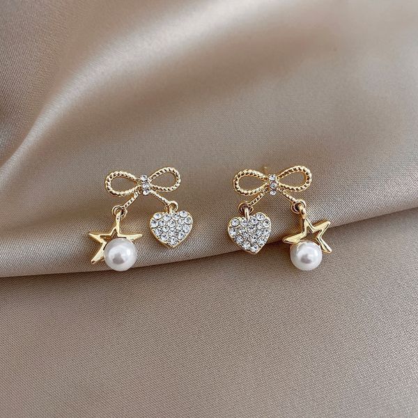

korean version s925 silver needle bow pearl diamond earrings feminine temperament love five pointed star fashion female