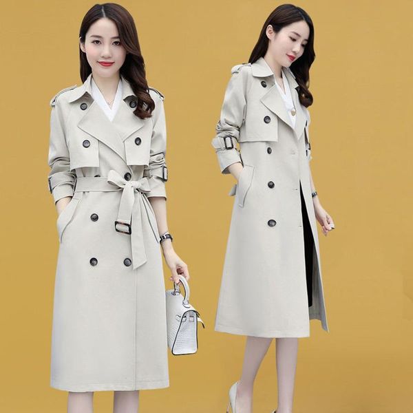

women's trench coats high-end spring autumn style windbreaker double breasted slim belt female overcoat mid-length coat for women, Tan;black