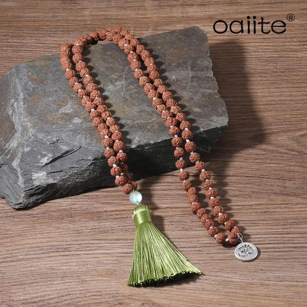 

pendant necklaces oaiite mala necklace 108 charm yoga prayer beads jewelry healing reiki energy green tassel rudraksha women men, Silver