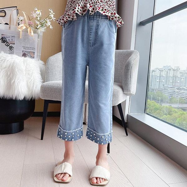 

jeans girls summer thin 2021 kids casual style loose straight soft denim pants with pearl teen solid color trousers 4-13y, Blue