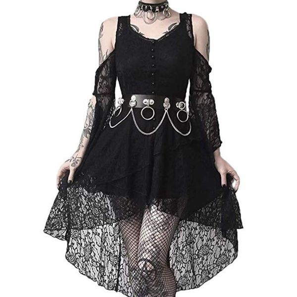 

casual dresses punk black dress women dark in love ruffle sleeves off shoulder gothic plus size lace evening party vestidos halloween, Black;gray
