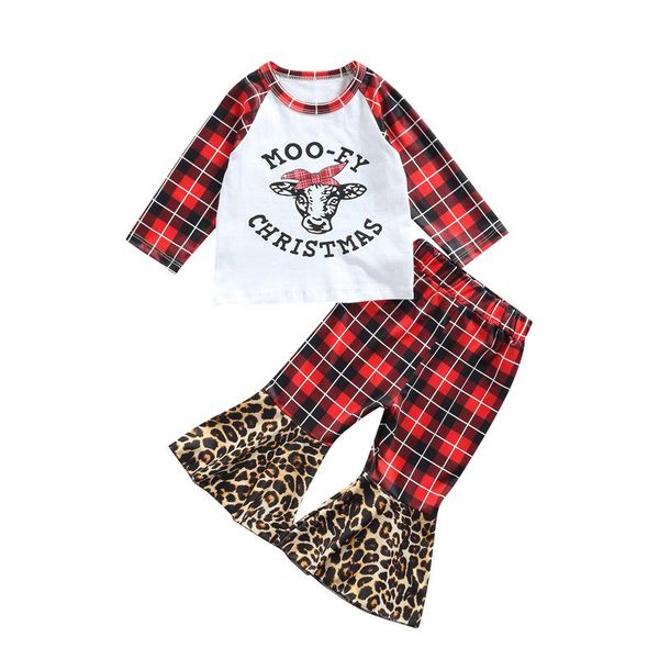 

clothing sets 2pcs christmas little girls outfit clothes cow head printing long sleeve plaid print pants leopard, White
