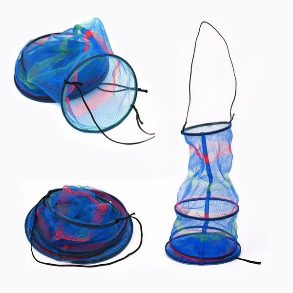 

fishing accessories collapsible colorful nylon net basket cage foldable mini three tiered tackle for fish shrimp storage network
