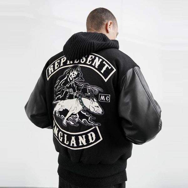 

men's jackets represent winter autumn men coat leather sleeve pathed streetwear dog embroidery patchwork baseball jacket, Black;brown