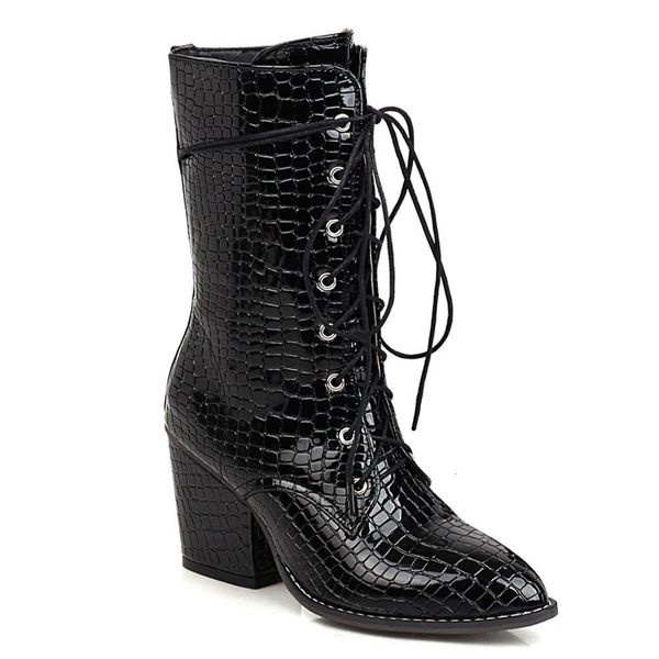 

oversized borgonha charges printing thick heel mid-calf calf standard stone heels pointed at fleece cross women's boots m0f0, Black