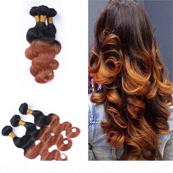 

peruvian 9a ombre brown human hair bundles 3pcs lot dark root 1b 30 hair weaves 2 tone ombre body wave hair extensions, Black