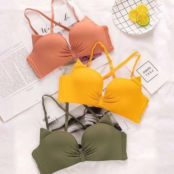 

lingerie female gathered bow french no steel set small solid color bra, Red;black