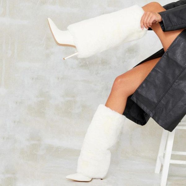 

boots winter fur women's short snow black white stiletto slip on heels shoes booty big size 43