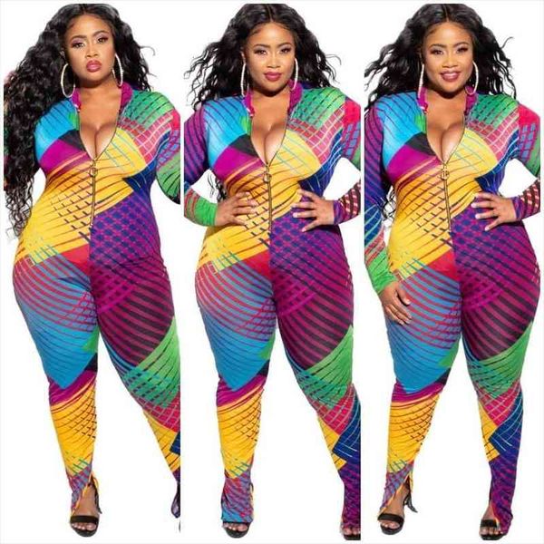 

plus size one piece women jumpsuit long sleeve clothing geometric print multi-color zipper turtleneck skinny, Black;white