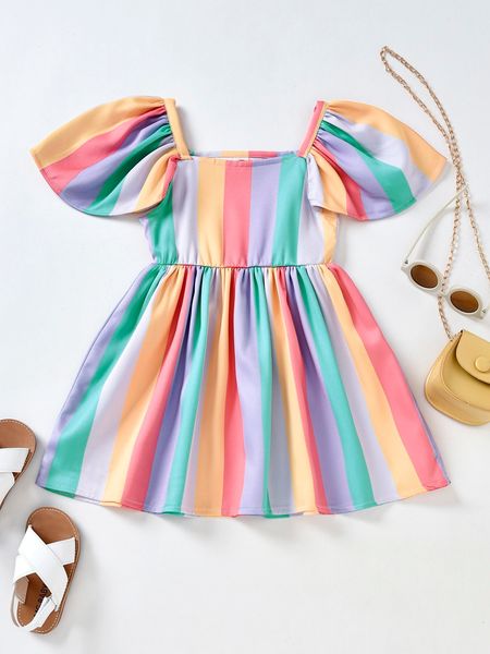 

toddler girls colorblock square neck flutter sleeve dress she, Red;yellow