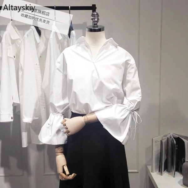 

women's blouses & shirts women korean style simple all-match work wear elegant loose ulzzang solid v-neck casual lantern sleeve womens, White