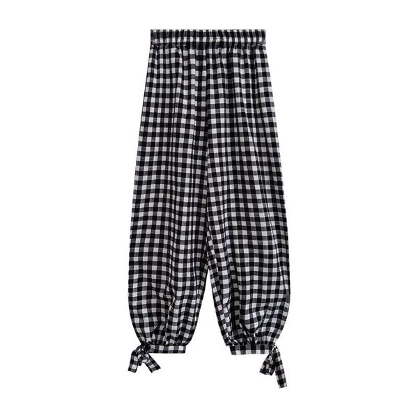 

women's pants & capris perhaps u women elastic waist pocket casual ankle-length pockets loose plaid lace up p0034, Black;white