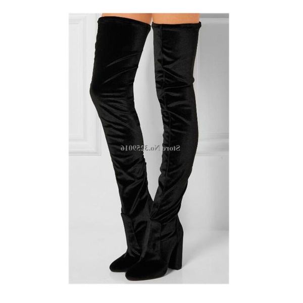 

boots round toe black velvet over knee chunky heel fashion women slim style thick high winter