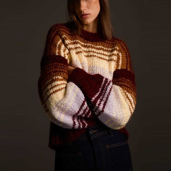 

za striped knit sweater women long puff sleeve o neck ribbed vintage sweaters woman chic streetwear knitted pullover 210602, White;black